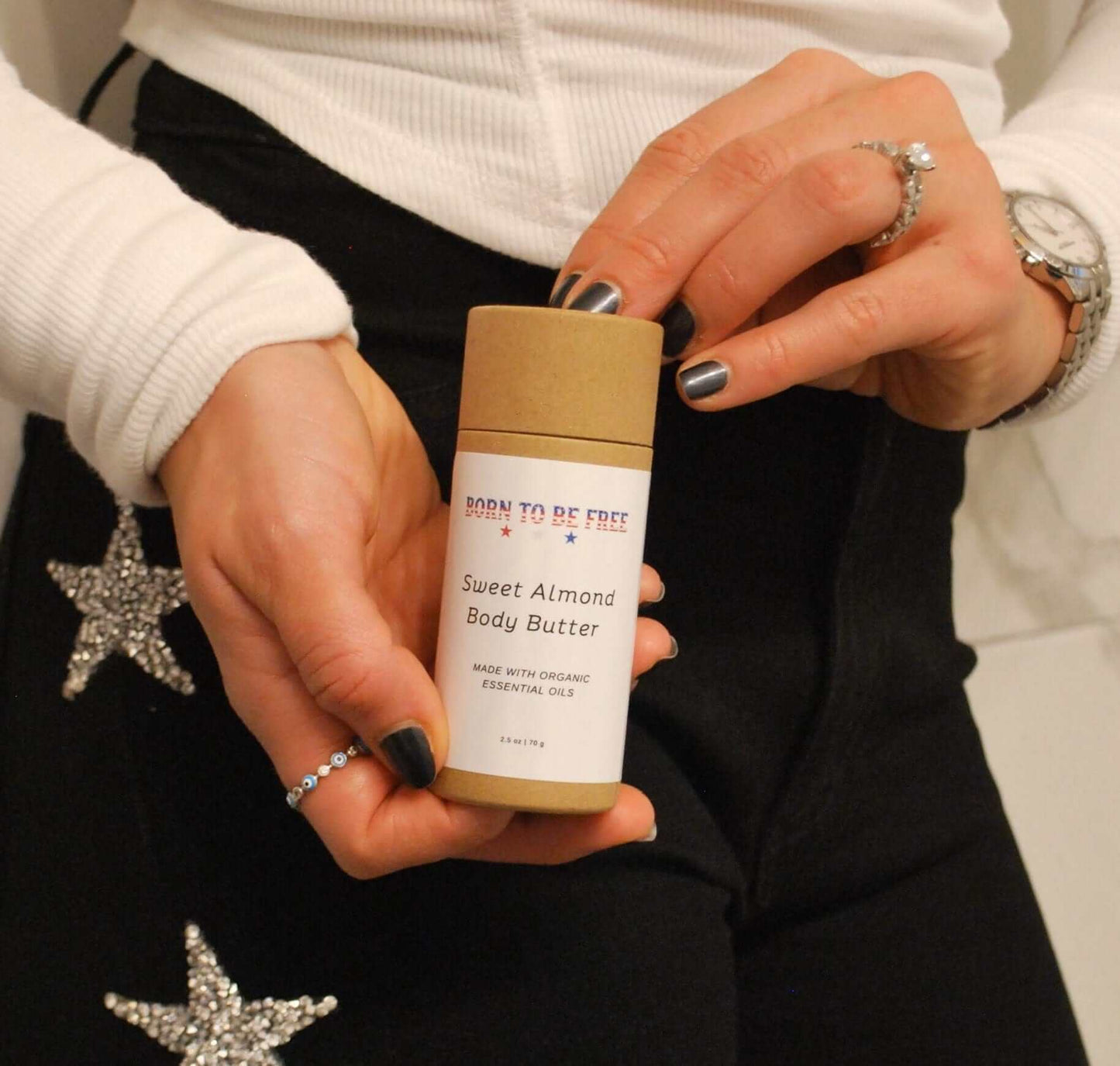 nourishing solid lotion bar with tallow and almond oil Born To Be Free Sweet Almond Body Butter Stick