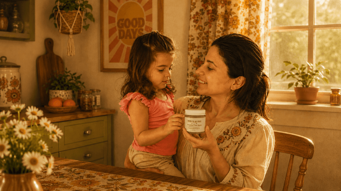 A mother and daughter in a cozy kitchen, exploring Breathe Balm- What's Really in Your Vapor Rub and Why It Matters.