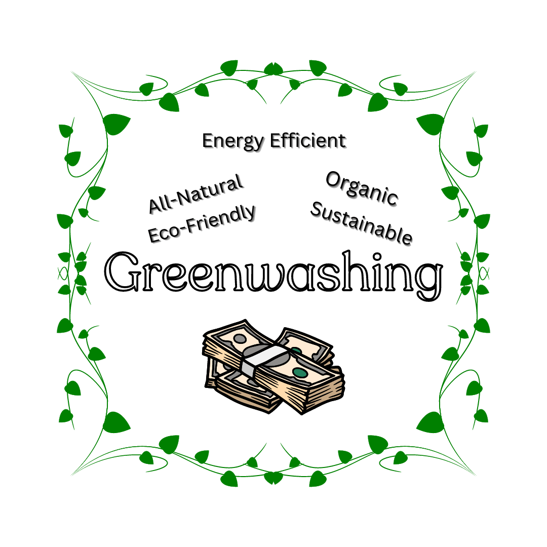 Greenwashing- Labeling Law Loopholes Exposed graphic featuring money and eco-friendly terms.