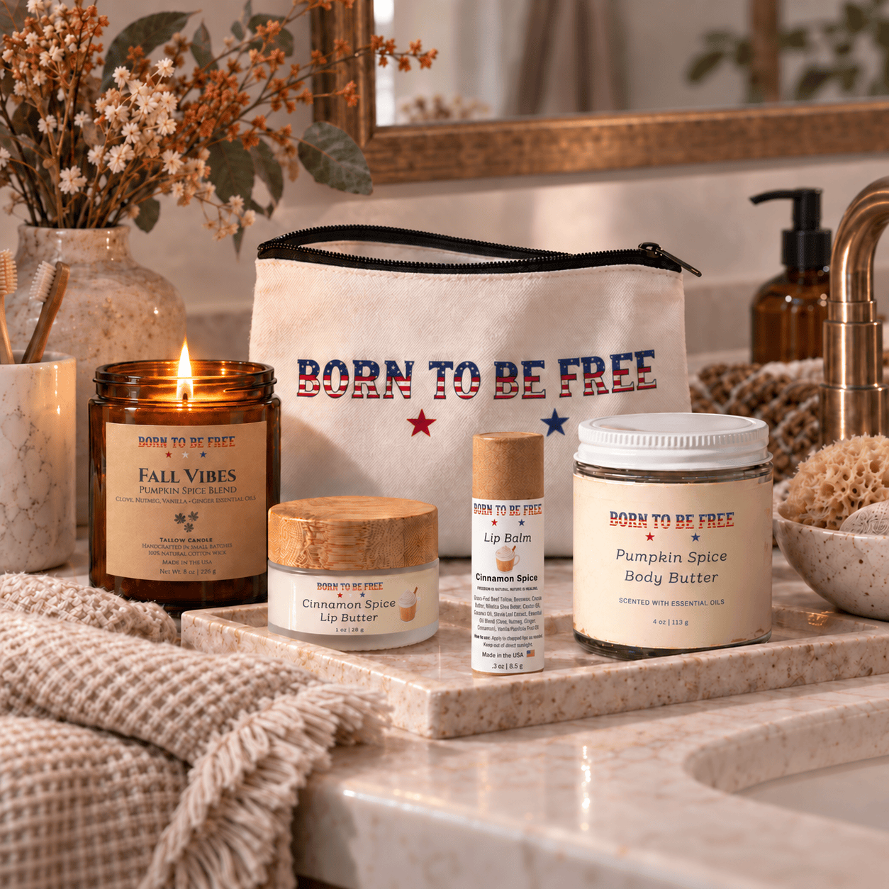 The Fall Ritual Set featuring candles, lip balm, and body butter in a cozy autumn-themed setting.