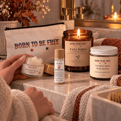 The Fall Ritual Set with Pumpkin Spice Body Butter, Cinnamon Spice Lip Balm, and Fall Vibes candle on a cozy vanity.