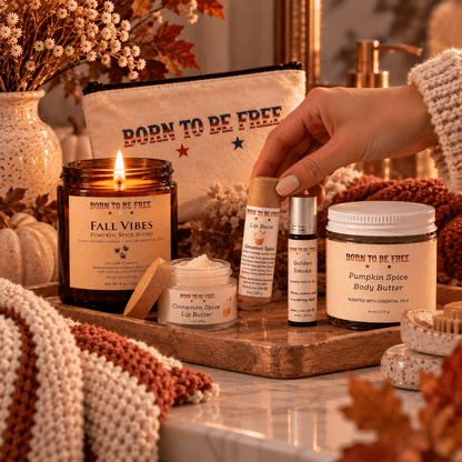 The Fall Ritual Set featuring pumpkin spice candle, body butter, and lip care items in a cozy autumn setting.