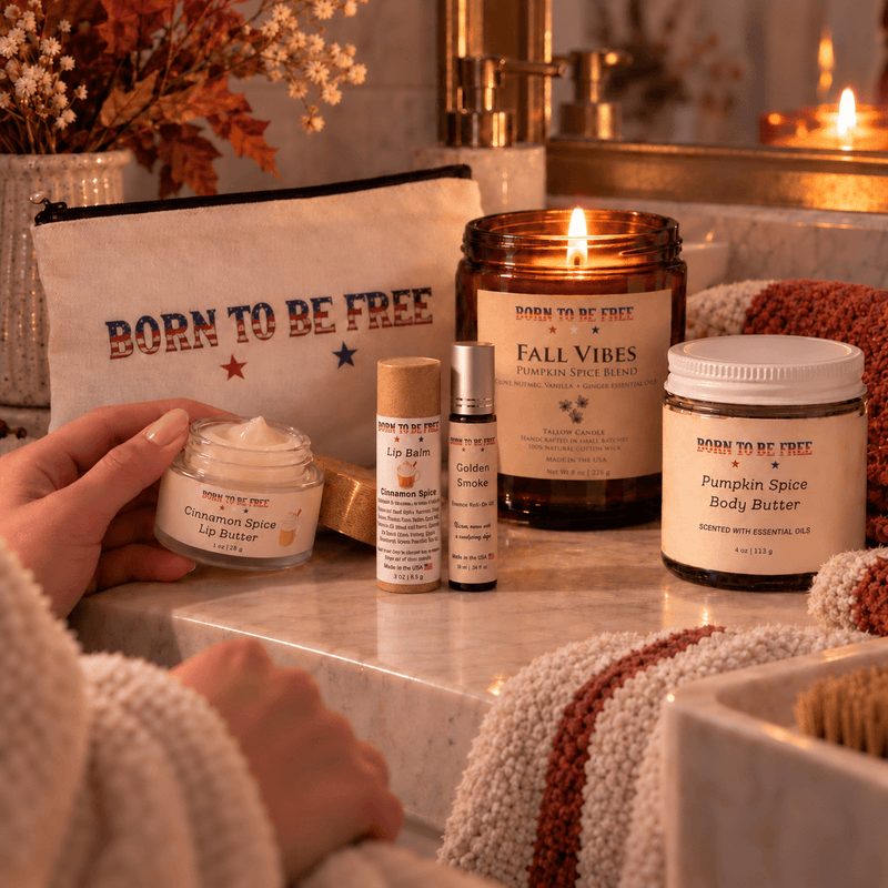 The Fall Ritual Set displayed with Pumpkin Spice Body Butter, Cinnamon Spice Lip Butter, and a warm candle.