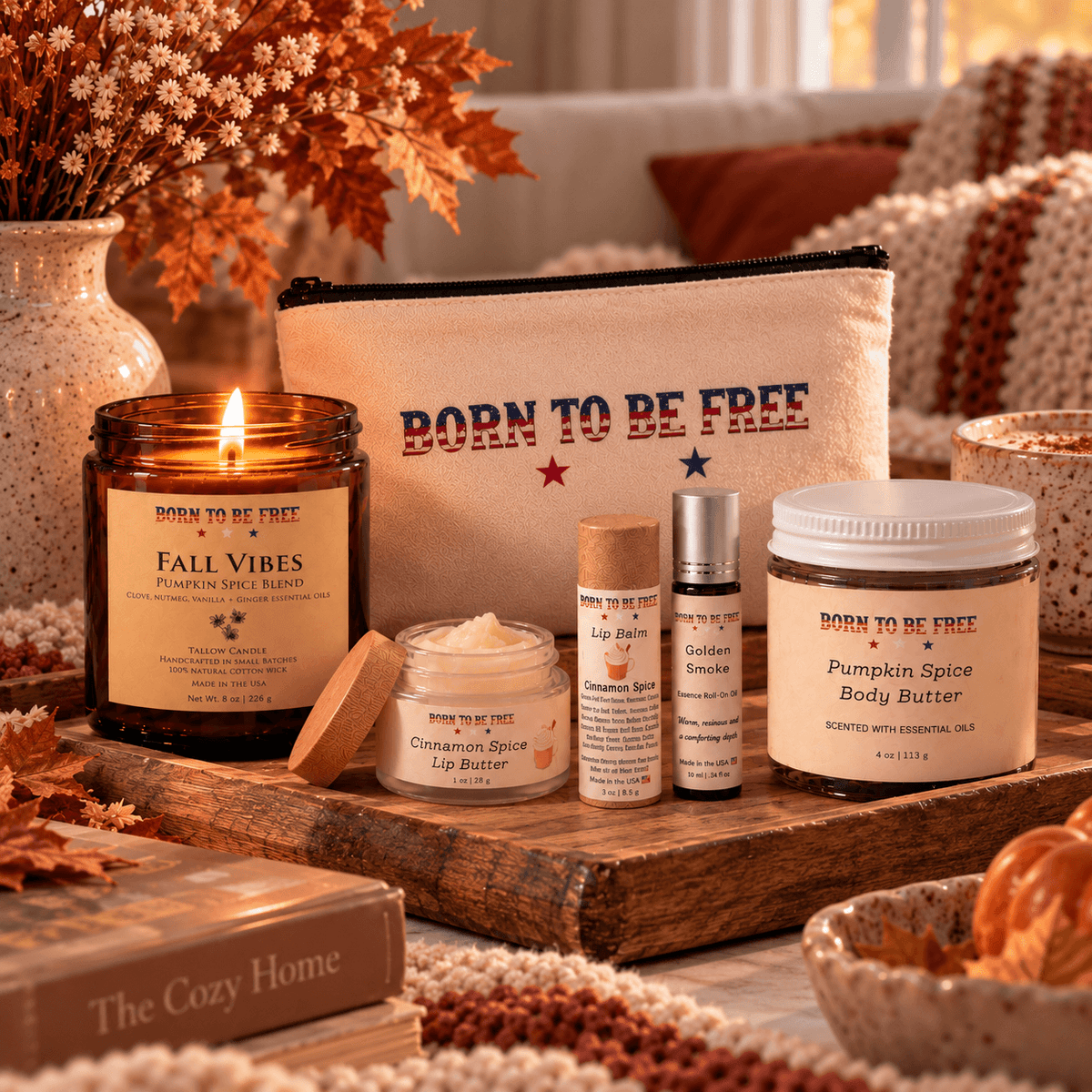 The Fall Ritual Set with pumpkin spice candle, body butter, lip balm, and cozy home decor for autumn vibes.