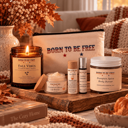The Fall Ritual Set with pumpkin spice candle, body butter, lip balm, and cozy home decor for autumn vibes.