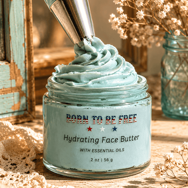 Hydrating Face Butter with Essential Oils in a glass jar with whipped texture and decorative elements.