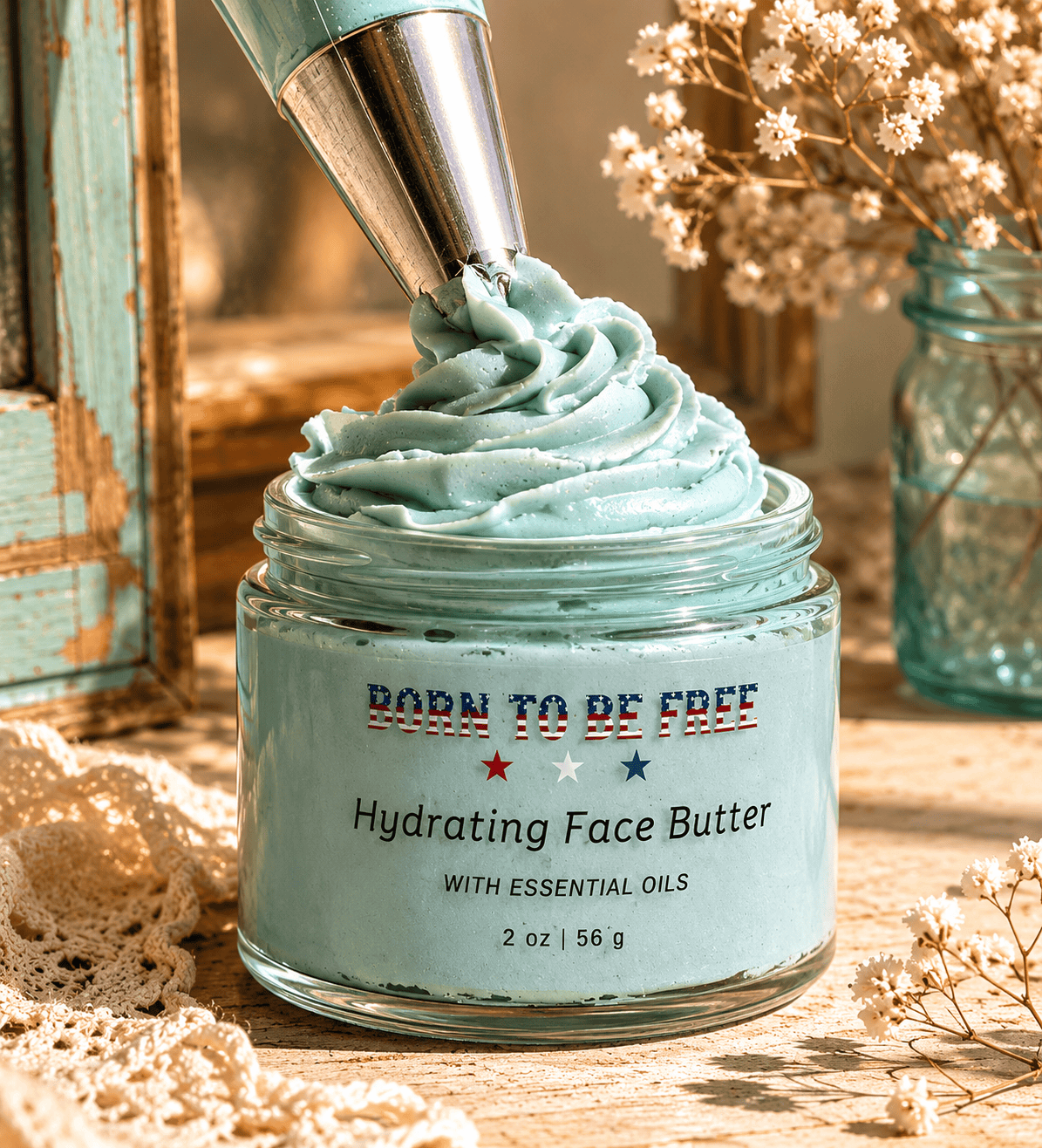 Hydrating Face Butter with Essential Oils in a glass jar with whipped texture and decorative elements.