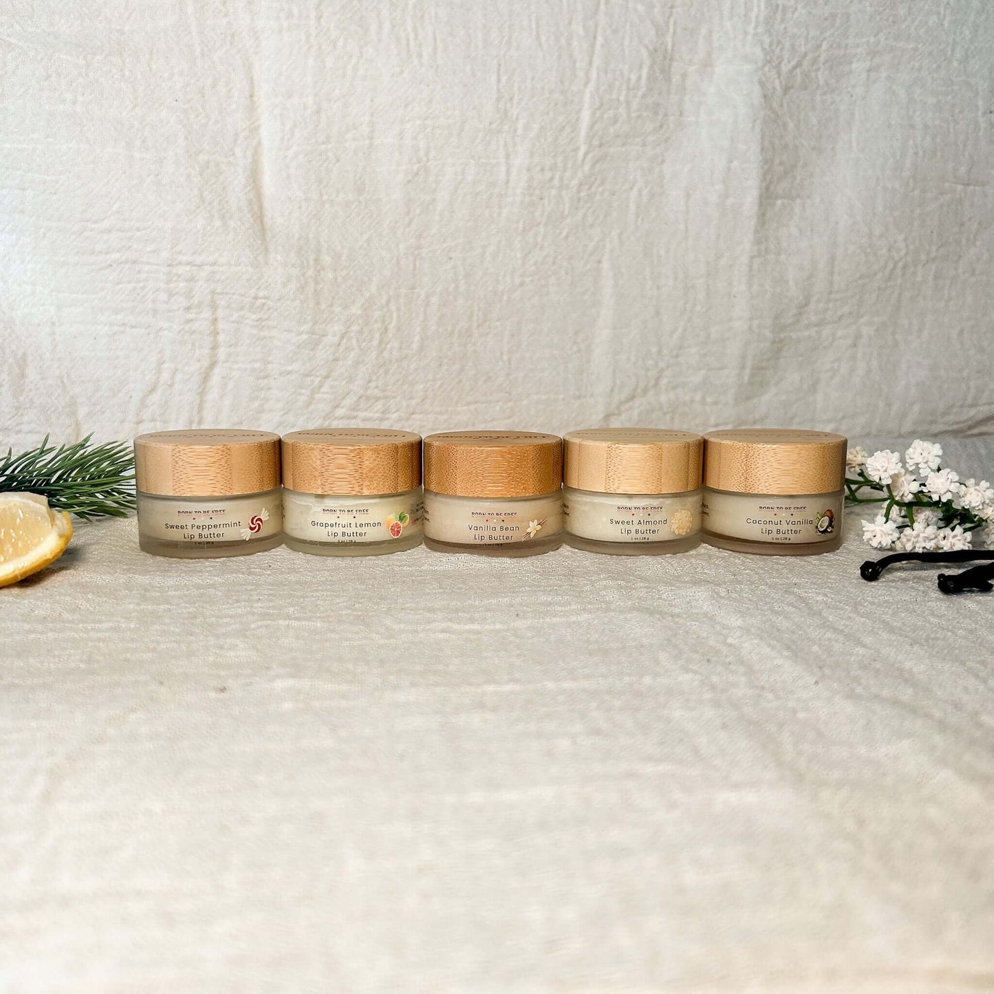 Lip Butter Set featuring five natural tallow based lip butters in compact jars on a textured background.