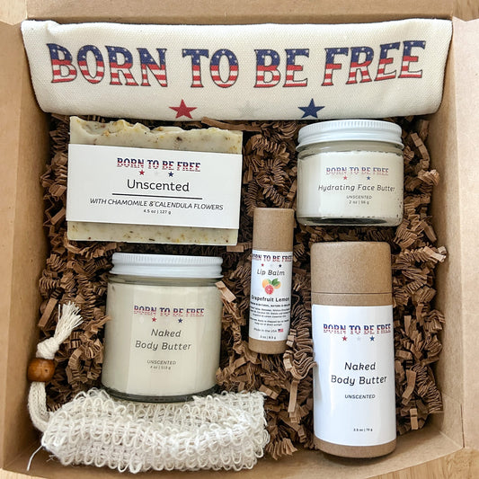 Pure Freedom Bundle featuring skincare products like Unscented Body Butter and Hydrating Face Butter.