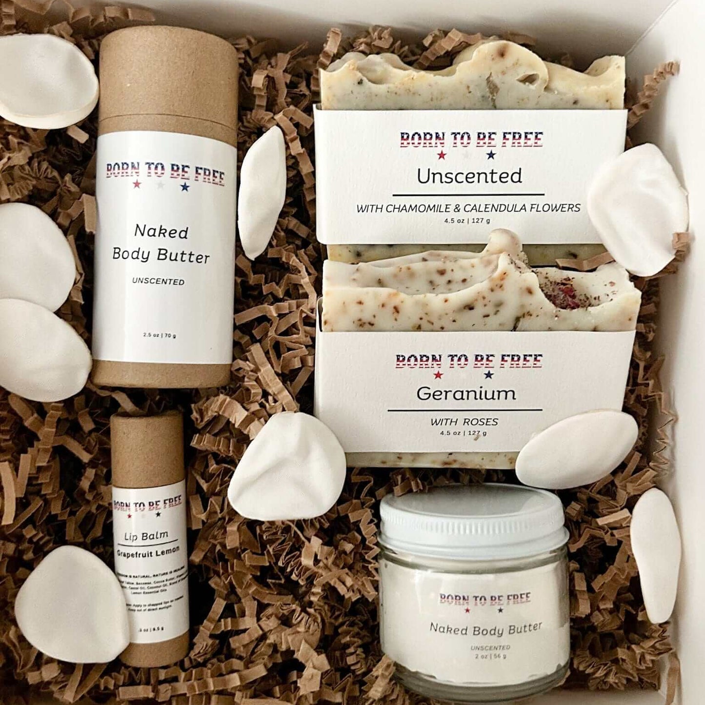 Valentines Day Plain Jane Box-Small featuring Naked Body Butter, Unscented, Geranium soap, and Lip Balm in a gift box.