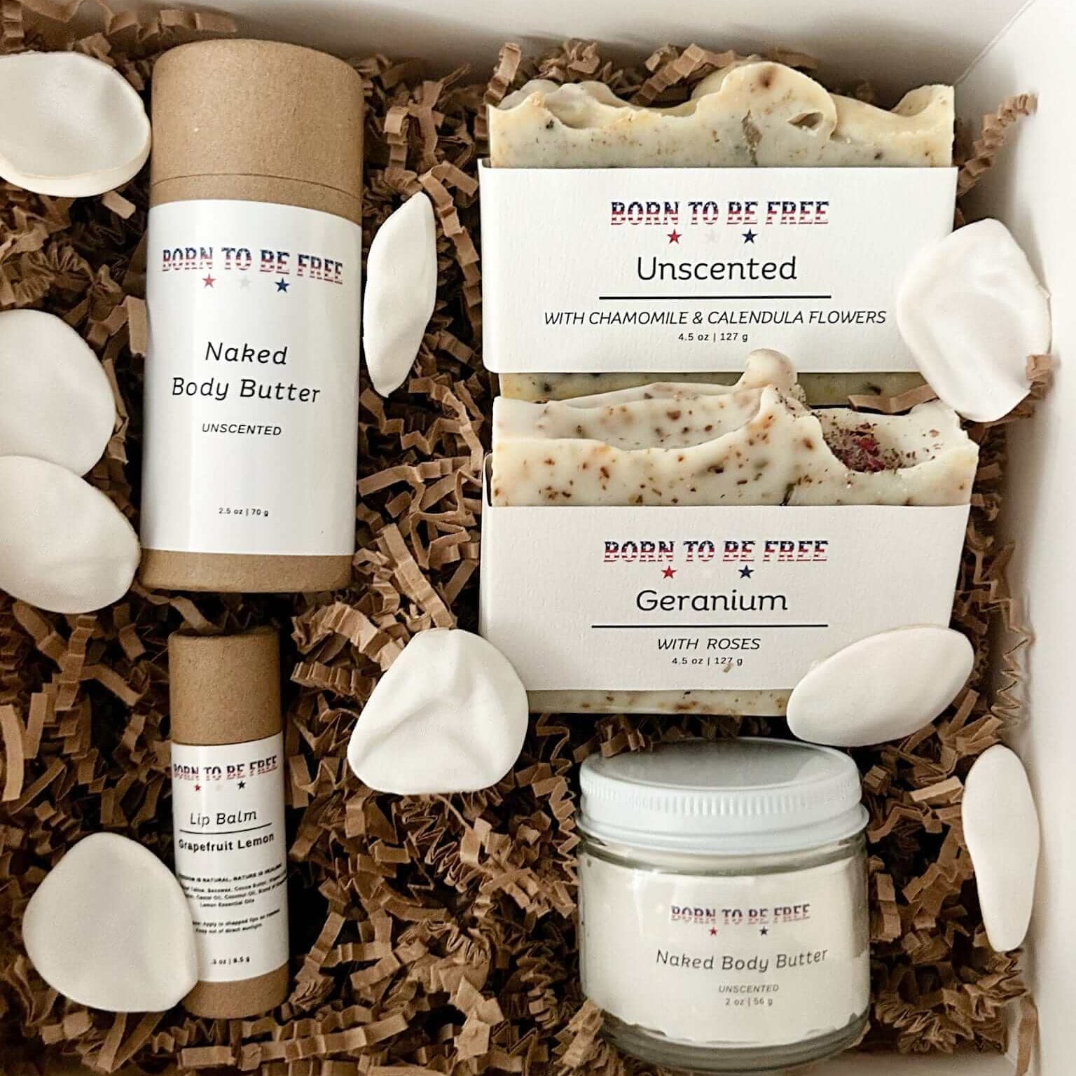 Valentines Day Plain Jane Box-Small featuring Naked Body Butter, Unscented, Geranium soap, and Lip Balm in a gift box.