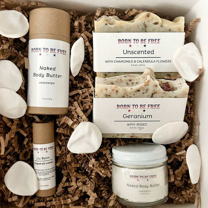 Valentines Day Plain Jane Box-Small featuring Naked Body Butter, Unscented, Geranium soap, and Lip Balm in a gift box.