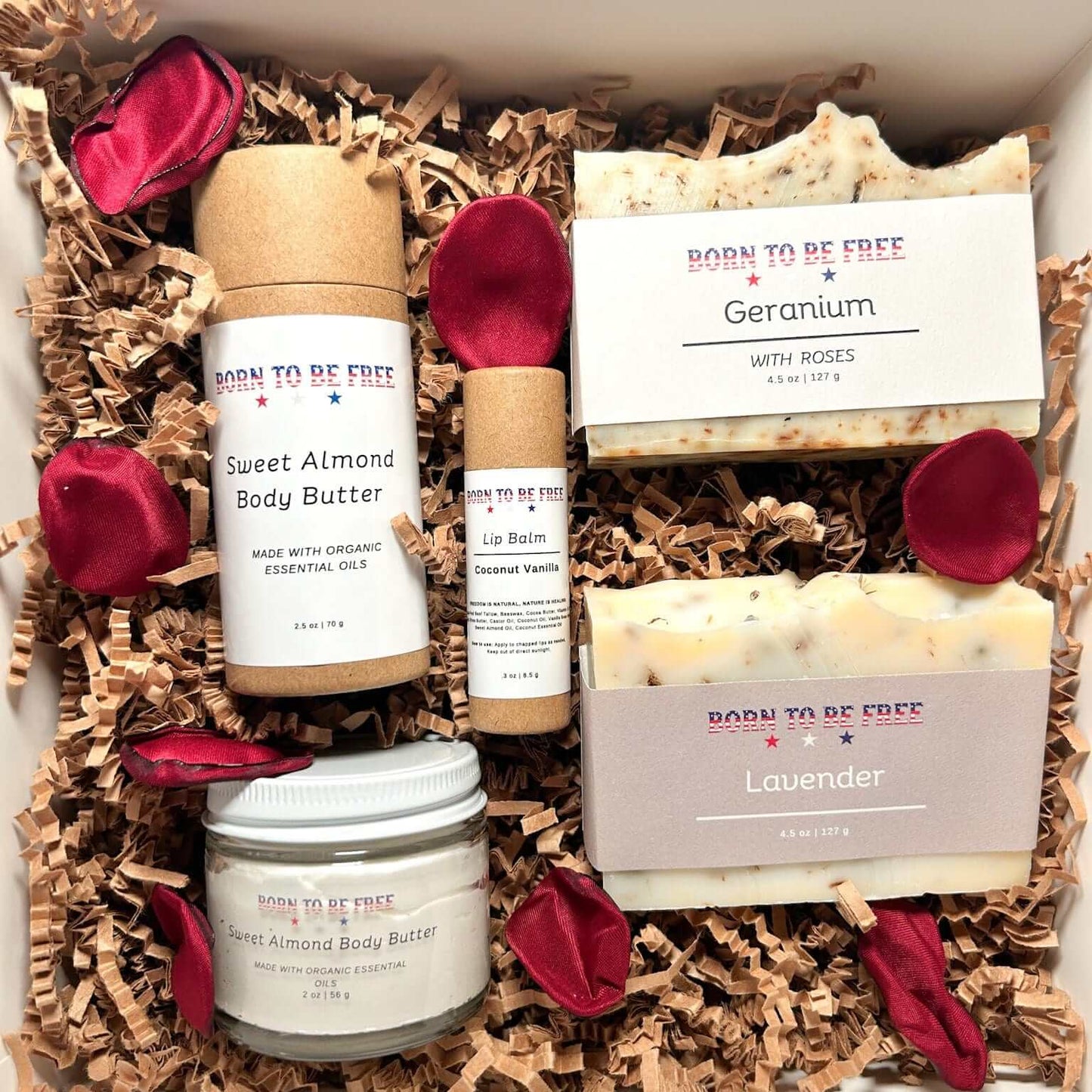 Valentines Day Sweetheart Box-Small featuring luxurious skincare essentials and rose petals.