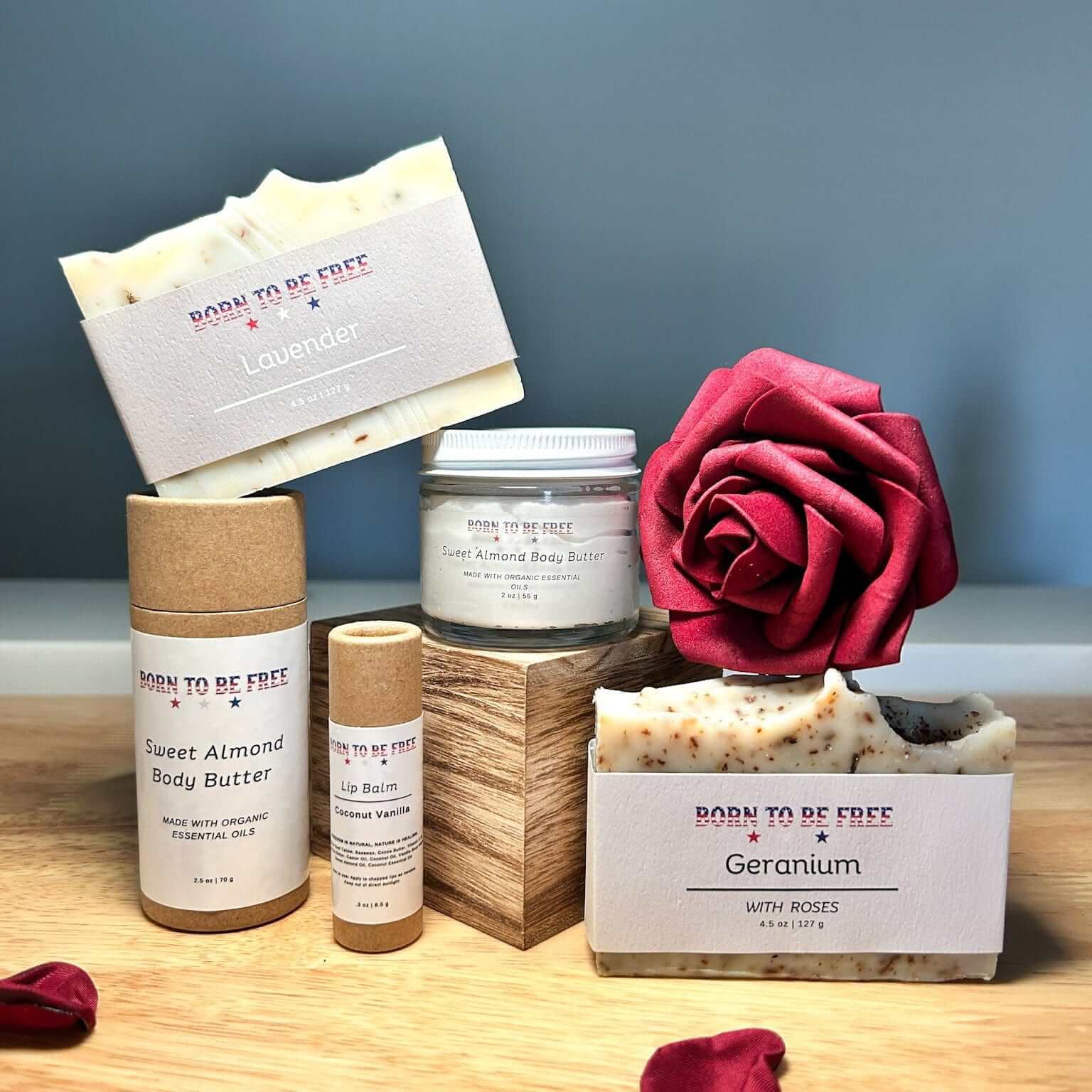 Valentines Day Sweetheart Box-Small featuring natural skincare products like body butters and soap.