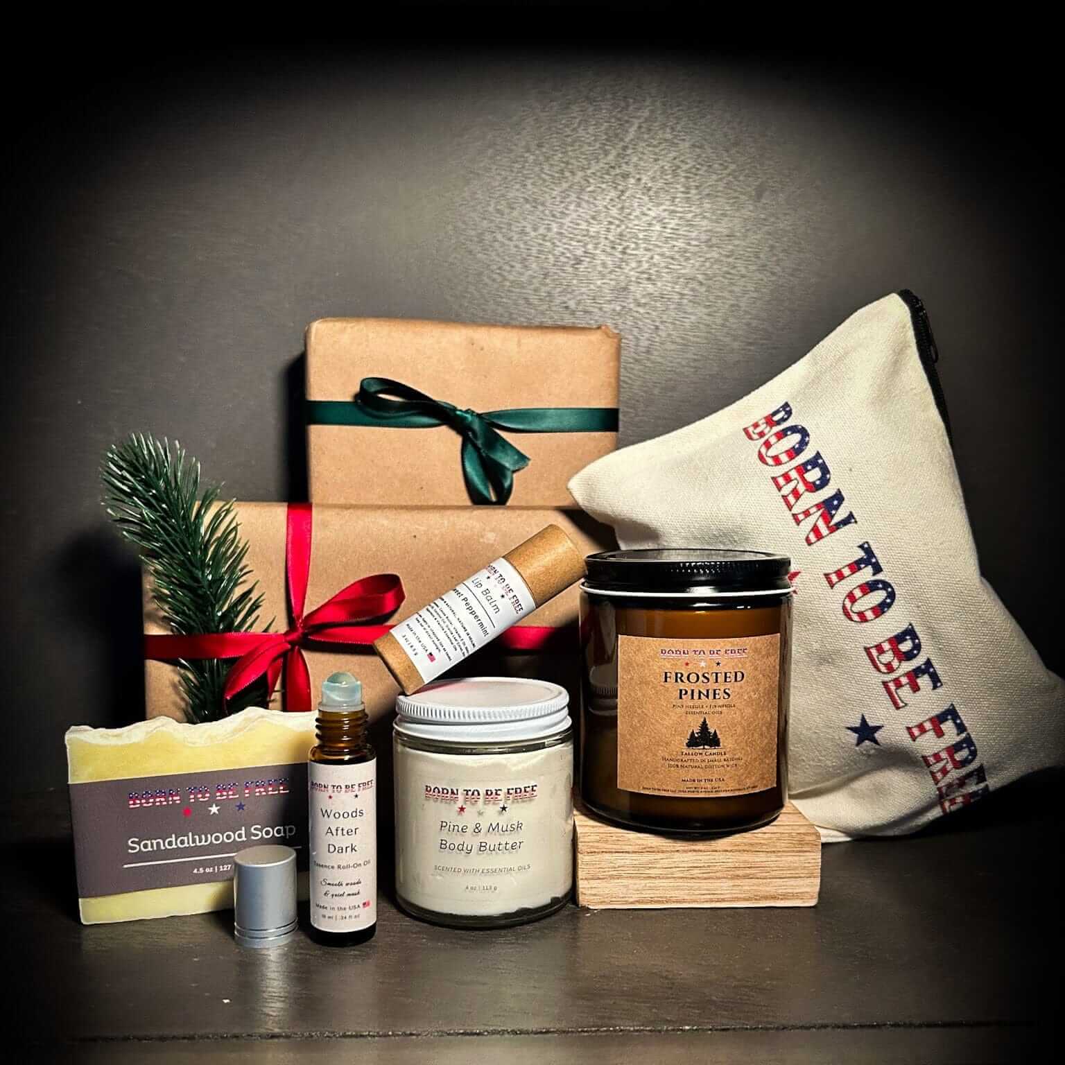 Winter Woods Holiday Bundle featuring tallow body butter, beeswax candle, and natural skincare essentials for dry winter skin.