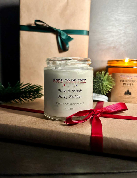 Pine & Musk Body Butter in glass jar with clean, tallow-based formula inspired by pine forests and winter calm.