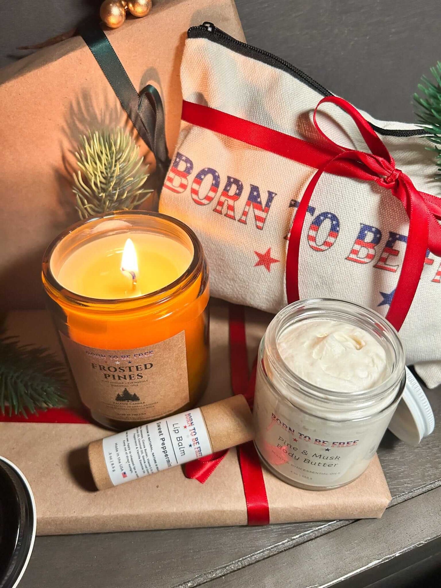 Close-up of Pine and Mint Holiday Gift Set showcasing clean, handcrafted skincare and natural beeswax candle for winter gifting