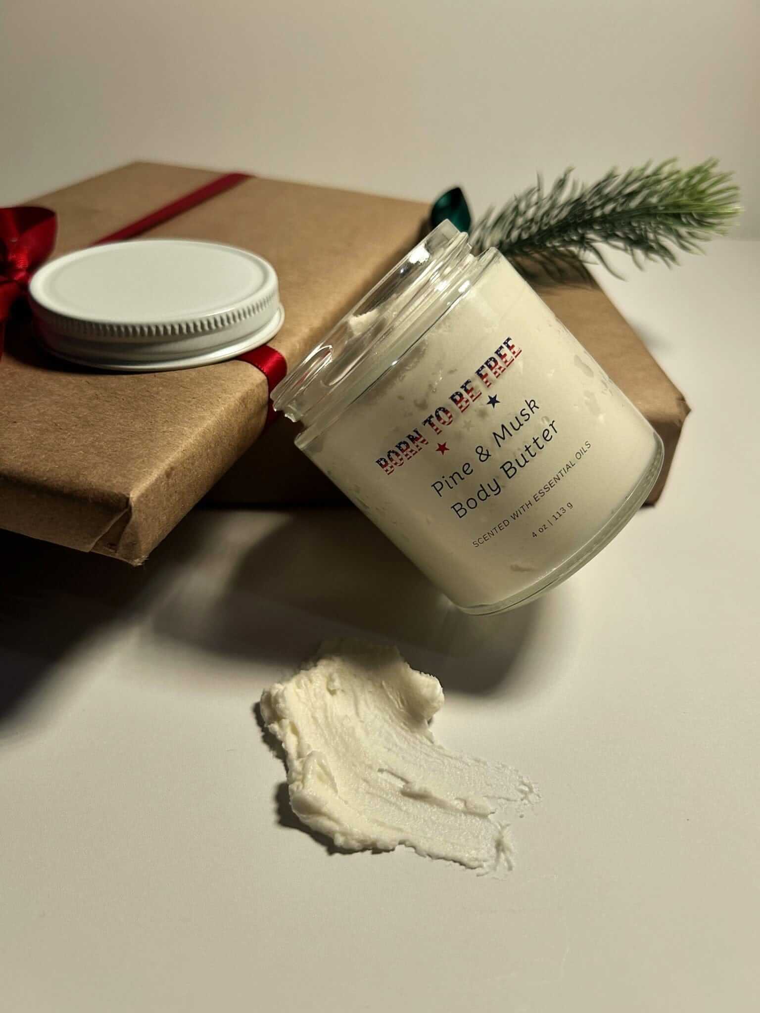 Close-up of Pine & Musk Body Butter showing whipped texture and natural ingredients for dry, sensitive winter skin