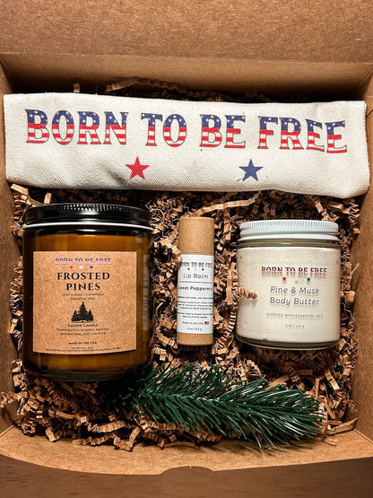 Born To Be Free Pine and Mint Holiday Gift Set in eco-friendly travel pouch, perfect for gifting