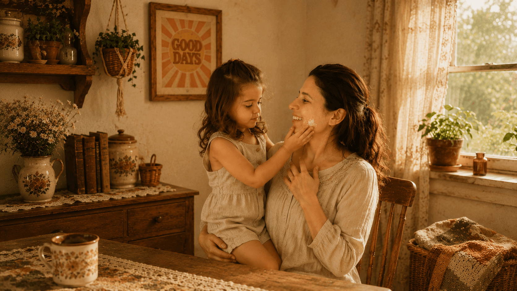 Beef Tallow Skincare and Woman and child sitting at a table with a warm, homey atmosphere 