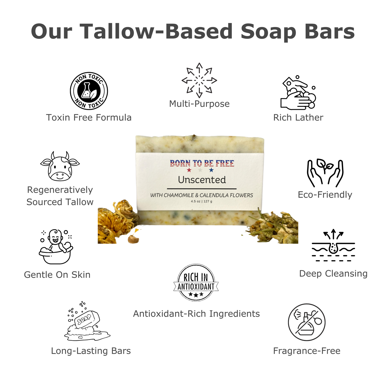 Dried Chamomile & Calendula Unscented Tallow Soap Bar