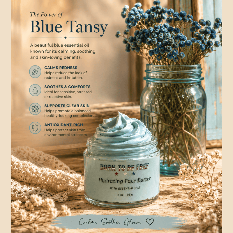 Blue tansy featured as a calming botanical ingredient in Born To Be Free Hydrating Face Butter for natural tallow skincare.