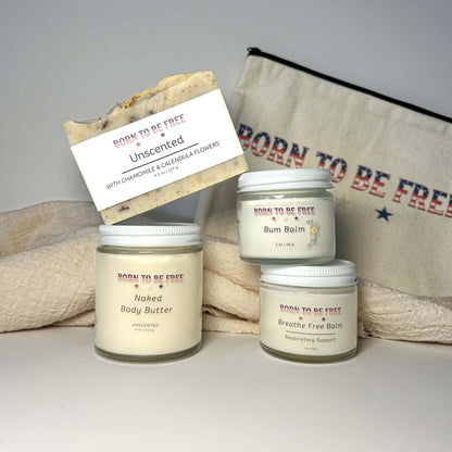 Baby Essentials Bundle- Non Toxic Baby Care including Naked Body Butter, Bum Balm, and Breathe Free Balm.