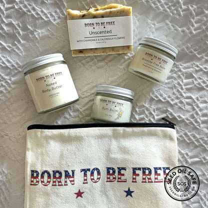 Baby Essentials Bundle- Non Toxic Baby Care featuring Naked Body Butter, Bum Balm, and Unscented bar soap.