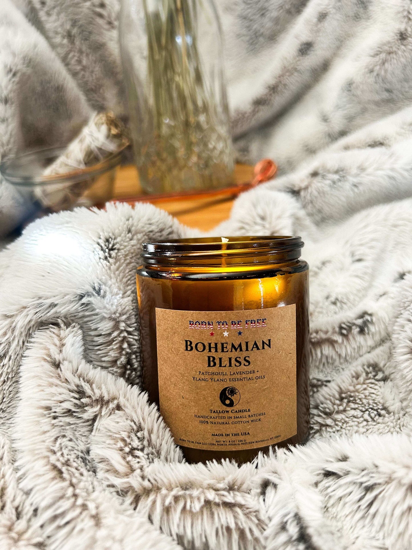 clean burning Bohemian Bliss Tallow Candle with soft romantic aroma