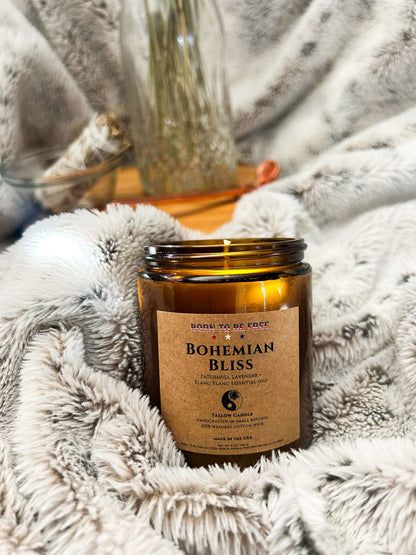 clean burning Bohemian Bliss Tallow Candle with soft romantic aroma