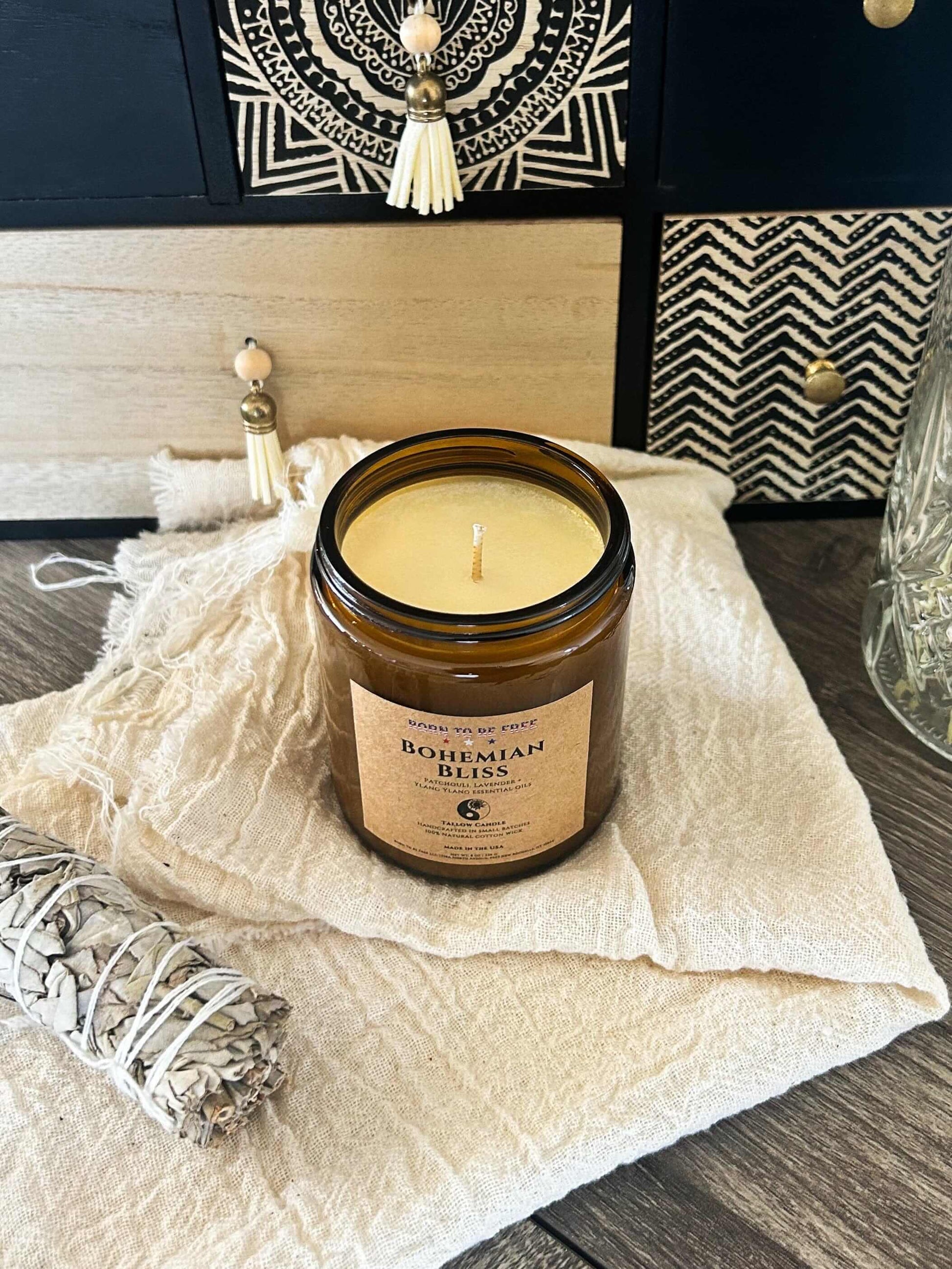 handmade natural Bohemian Bliss Tallow Candle for cozy calm atmosphere