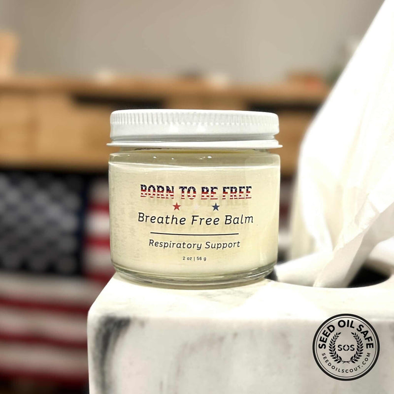 Breathe Free Respiratory Tallow Balm in a jar on display for natural respiratory support.