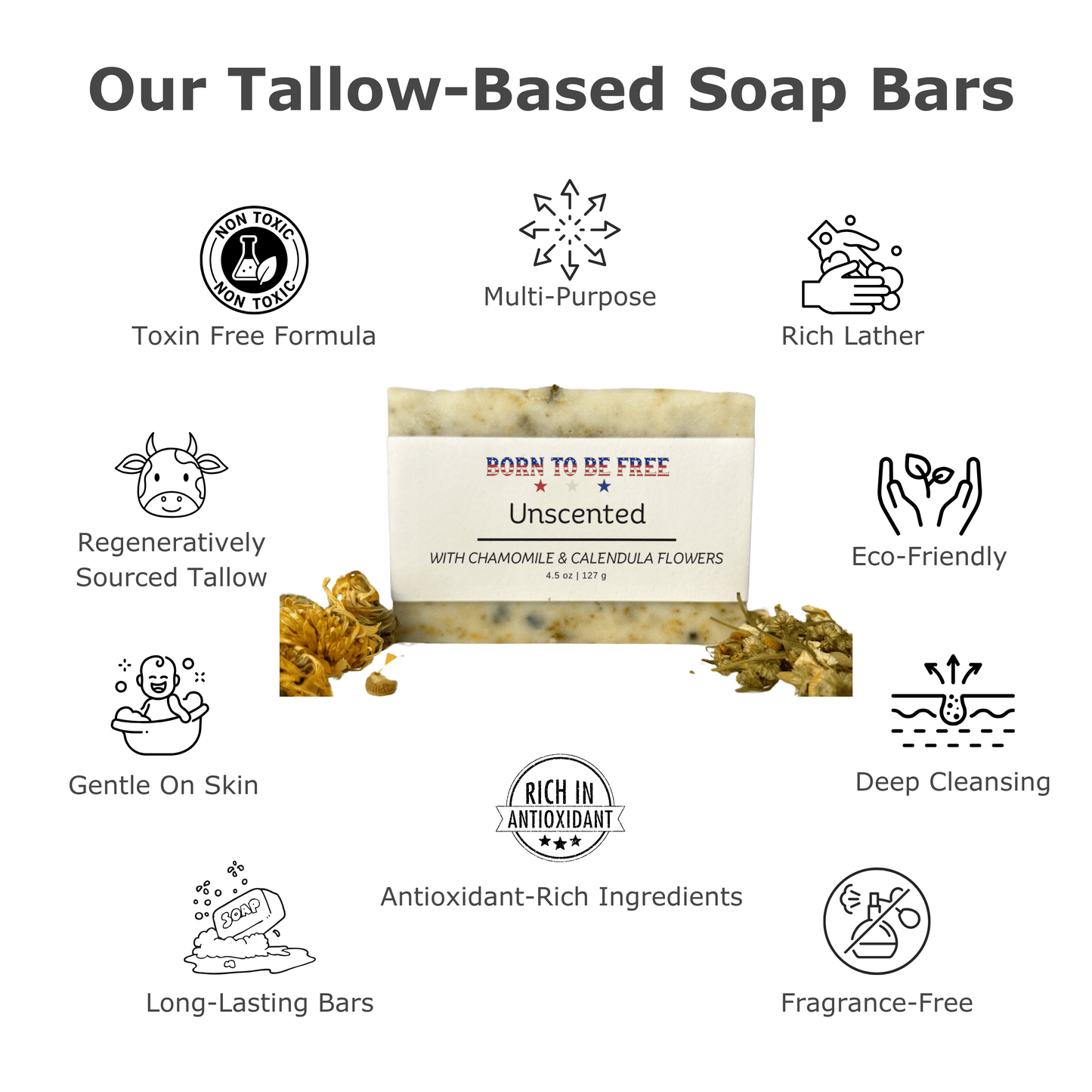 chemical free Dried Chamomile & Calendula Unscented Tallow Soap Bar for dry and irritated skin