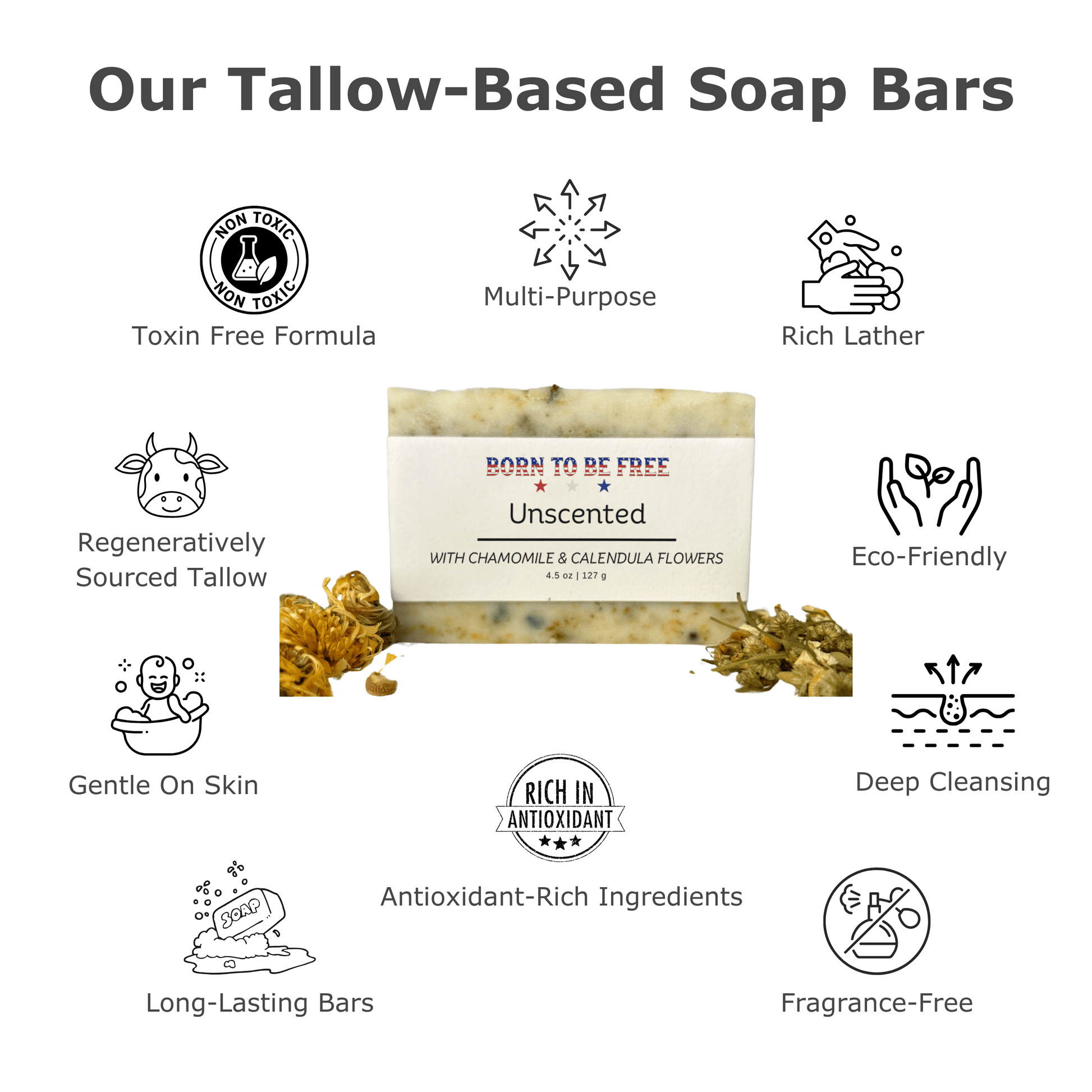 chemical free Dried Chamomile & Calendula Unscented Tallow Soap Bar for dry and irritated skin