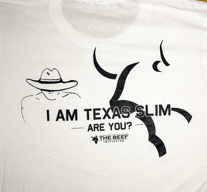 Feeding Forward T-shirts featuring 'I Am Texas Slim' and a cowboy graphic design on a white fabric.