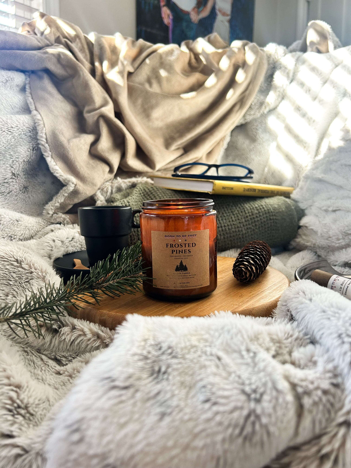 Frosted Pines Seasonal Tallow Candle with cozy pine and woodsy essential oils