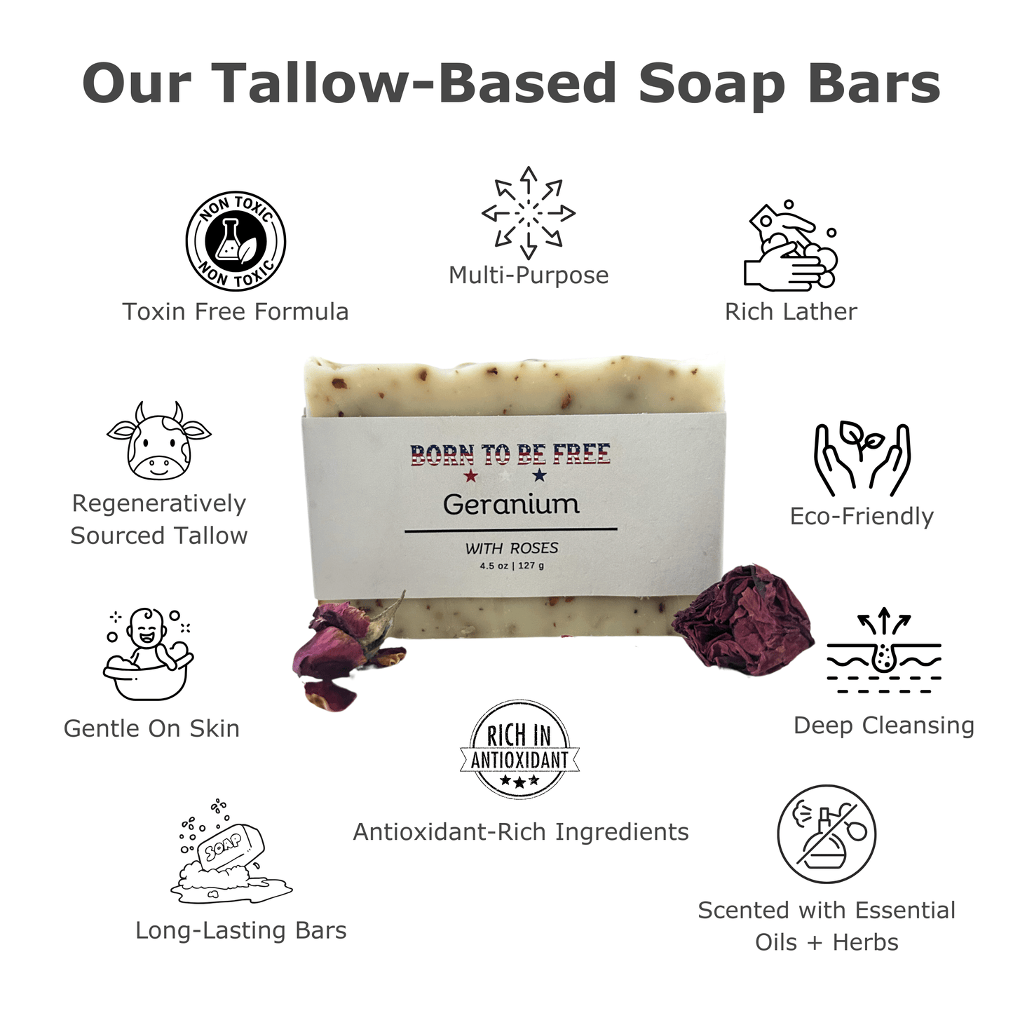 Geranium & Rose Tallow Soap Bar with nourishing beef tallow