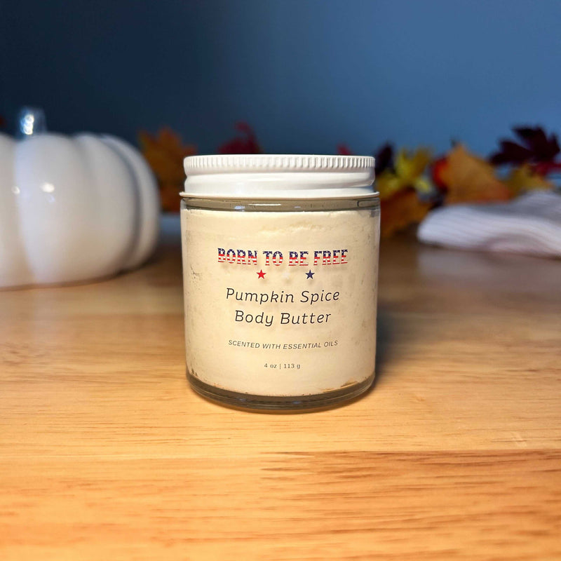 Pumpkin Spice Body Butter in a jar, perfect for cozy autumn skincare with essential oils.