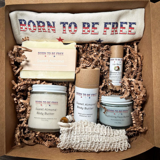 Stars & Stripes Collection featuring Sweet Almond Body Butters and Lip Balm in a festive box.