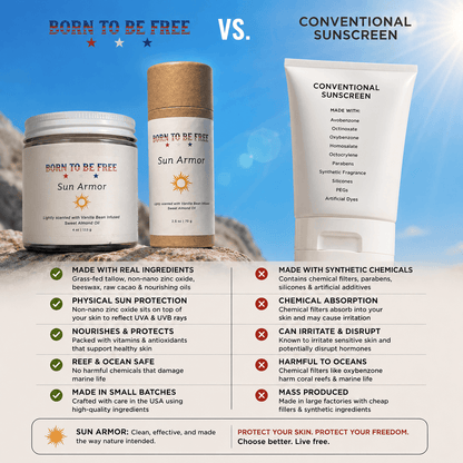 Born To Be Free Sun Armor non toxic mineral sunscreen compared to conventional sunscreen with chemical ingredients like oxybenzone and octinoxate featuring tallow based reef safe SPF products for natural sun protection