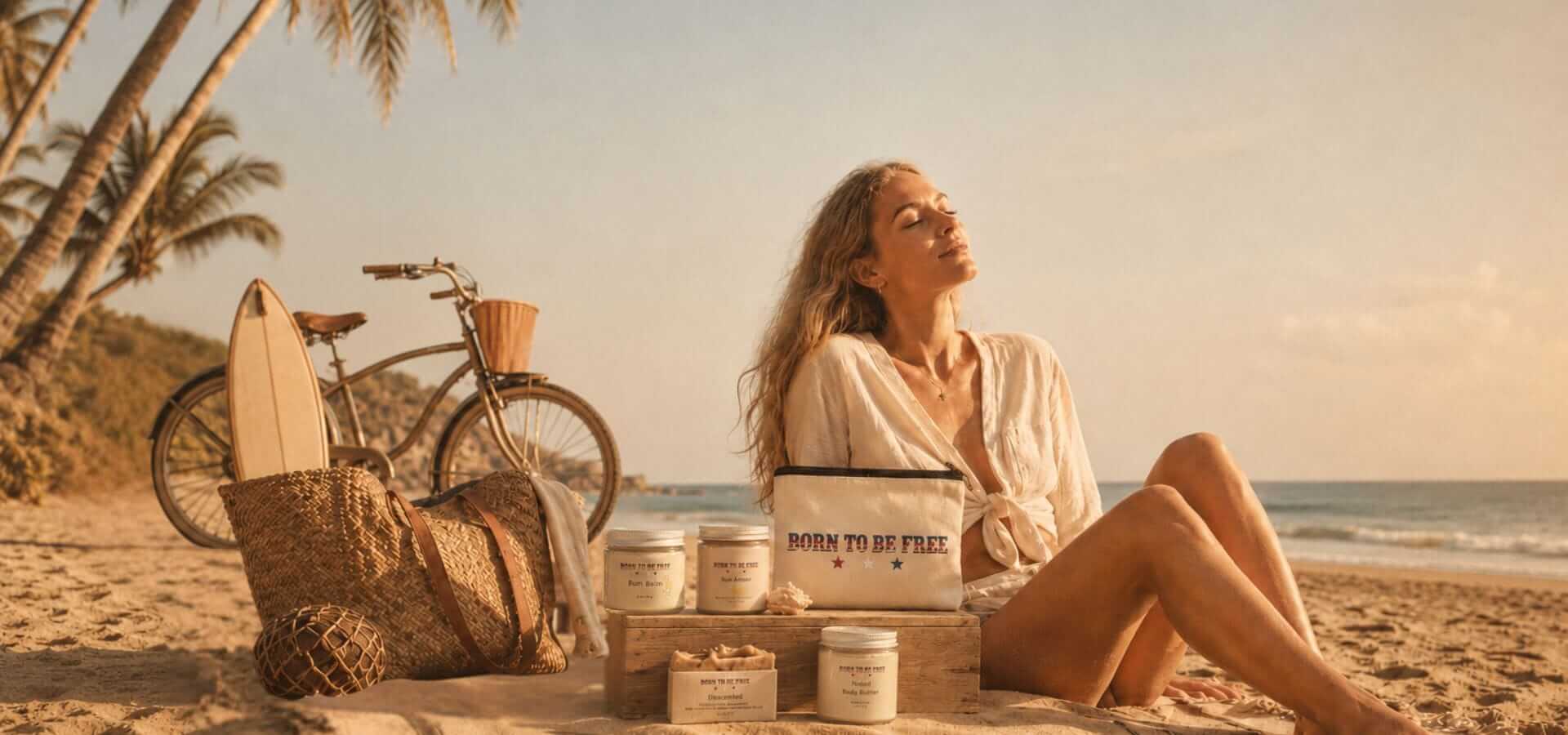 Born To Be Free tallow skincare products displayed on a beach with a canvas pouch, Sun Armor, body butter, soap, and a retro beach cruiser bicycle in a nostalgic summer coastal scene.
