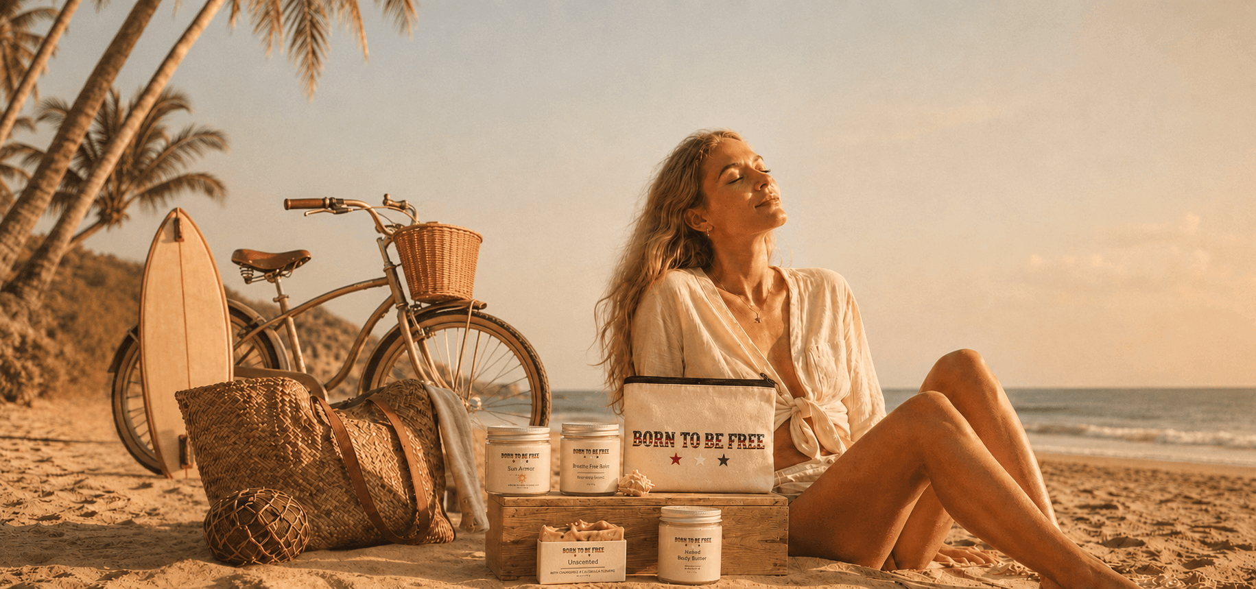 Born To Be Free tallow skincare products displayed on a beach with a canvas pouch, Sun Armor, body butter, soap, and a retro beach cruiser bicycle in a nostalgic summer coastal scene.