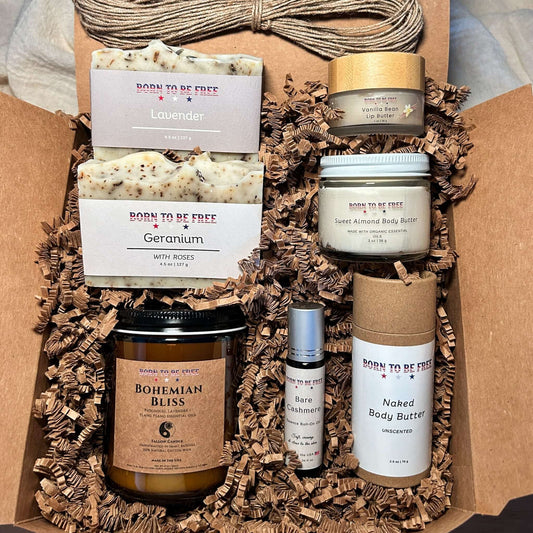 The Mothers Day Collection featuring luxury body butters, soaps, and fragrances in an elegant gift box.