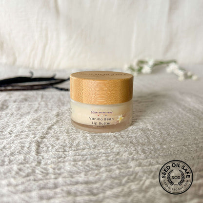 Vanilla Bean Tallow Lip Butter in a sleek container with a bamboo lid, perfect for nourishing and restoring dry lips.