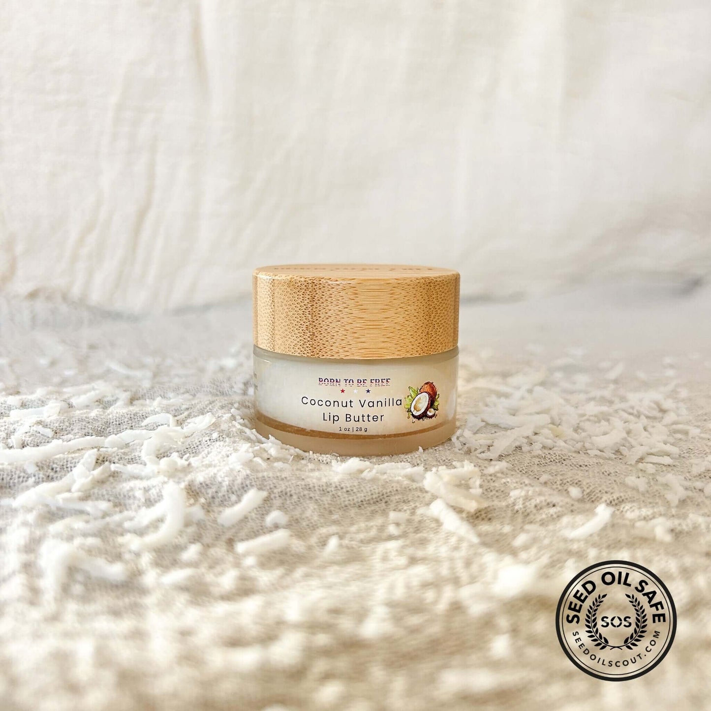 Coconut Vanilla Lip Butter in a bamboo jar, showcasing its tropical ingredients for deep hydration.