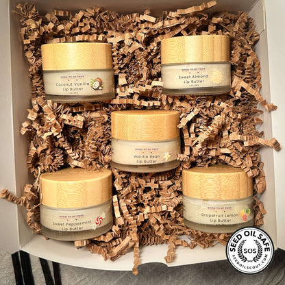 Lip Butter Set featuring Coconut Vanilla, Sweet Almond, Vanilla Bean, Sweet Peppermint, and Grapefruit Lemon flavors.