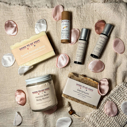 Lover’s Bundle featuring Sweet Almond Soap, Vanilla Bean Body Butter, and essential oil blends for connection and intimacy.