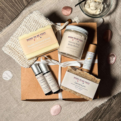 Lover’s Bundle featuring Sweet Almond Soap, Vanilla Ginger Bath Butter, and Geranium essential oils.