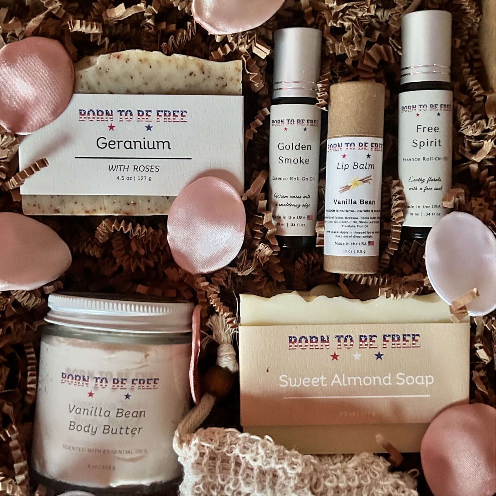 Lover’s Bundle featuring Geranium with Roses, Golden Smoke, Free Spirit Lip Balm, Vanilla Bean Body Butter, and Sweet Almond Soap.