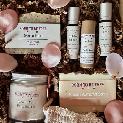 Lover’s Bundle featuring Geranium with Roses, Golden Smoke, Free Spirit Lip Balm, Vanilla Bean Body Butter, and Sweet Almond Soap.